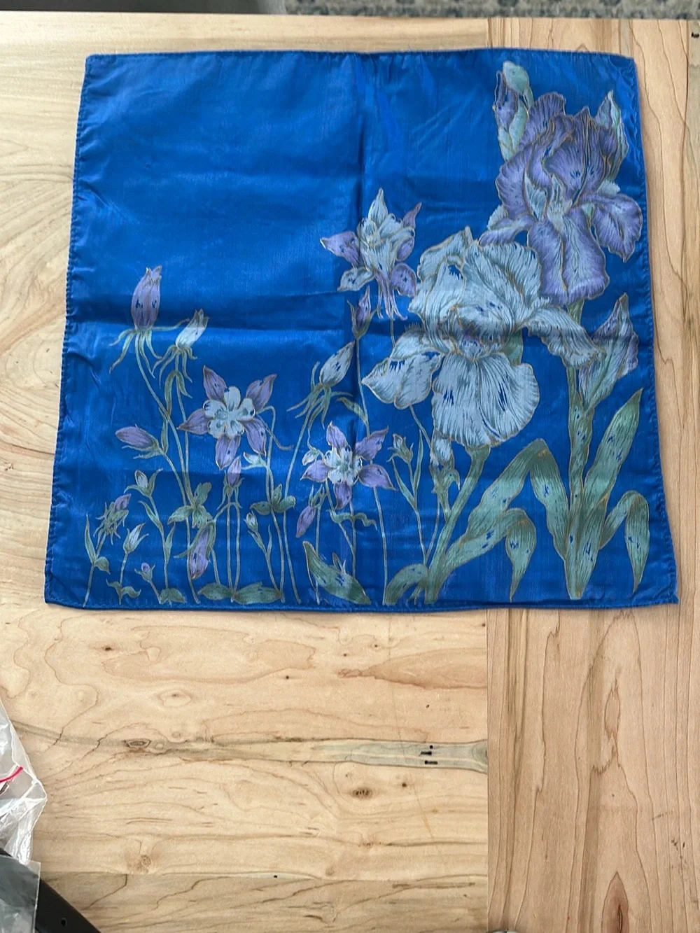 Floral Blue Silk Scarf - Iris Print Vintage